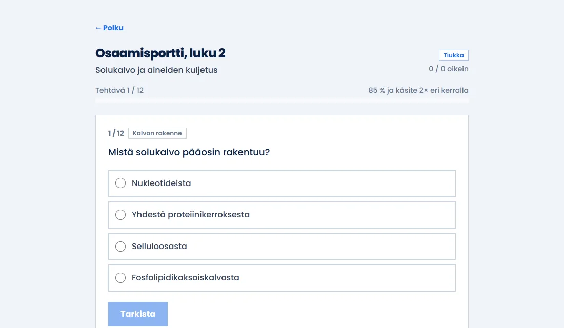 Kurssin B osaamisportti, luku 2: Solukalvo ja aineiden kuljetus. Näkyvissä ensimmäinen porttitehtävä.