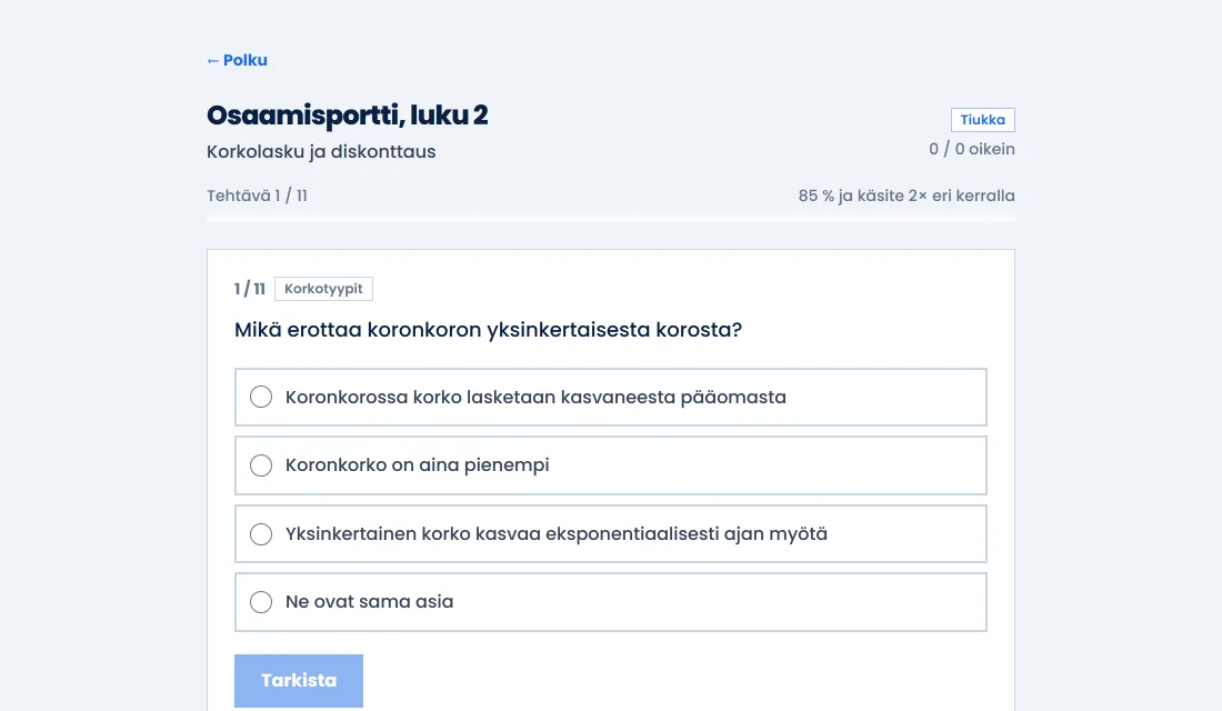 Kurssin F osaamisportti, luku 2: Korkolasku ja diskonttaus. Näkyvissä ensimmäinen porttitehtävä.