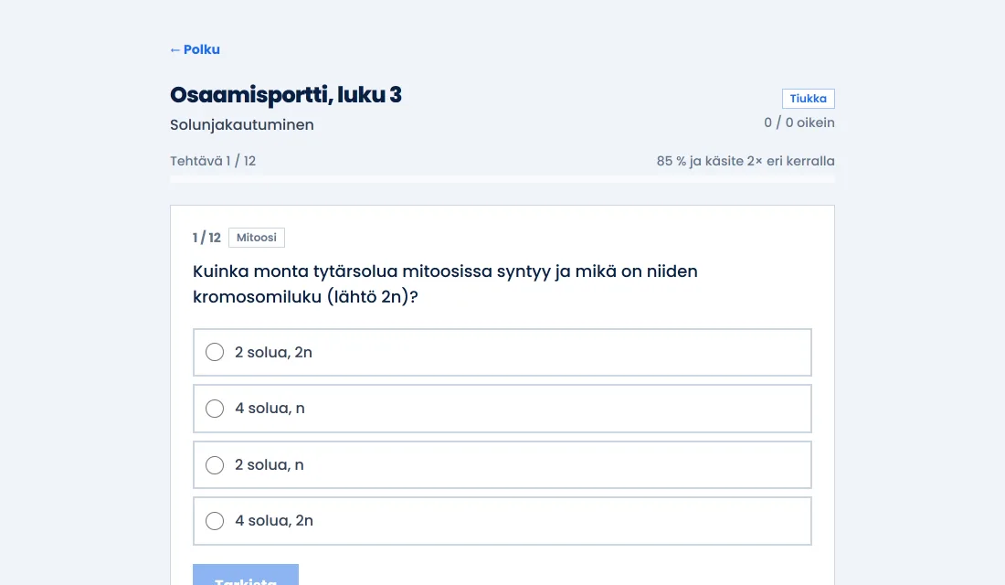 Osaamisportti luvun 3 lopussa: ensimmäinen porttitehtävä solunjakautumisesta ja neljä vastausvaihtoehtoa.